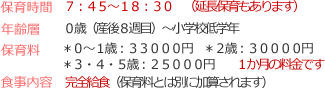 保育時間、年齢層、保育料、食事内容